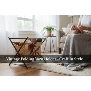 Vintage Folding Wood Knitting Sewing Caddy Floral Fabric Yarn Holder Basket